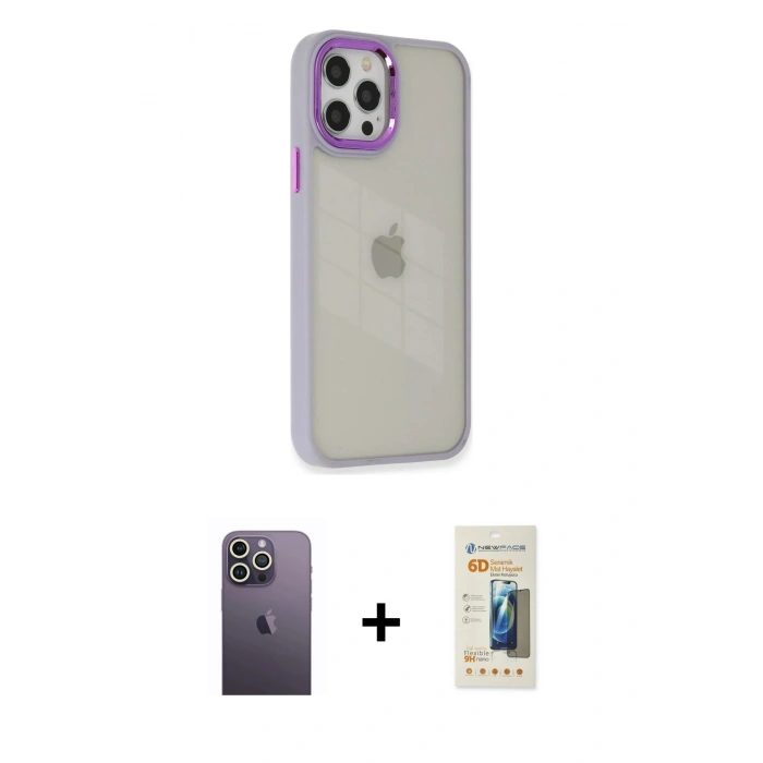 MARSİLYAN™- iPhone 12 Pro Max Kılıf Eksen Doku Prime - Siyah 6D Mat Seramik Hayalet Nano Ekran Koruyucu + Neon Fosforlu Kamera Lens - BZ
