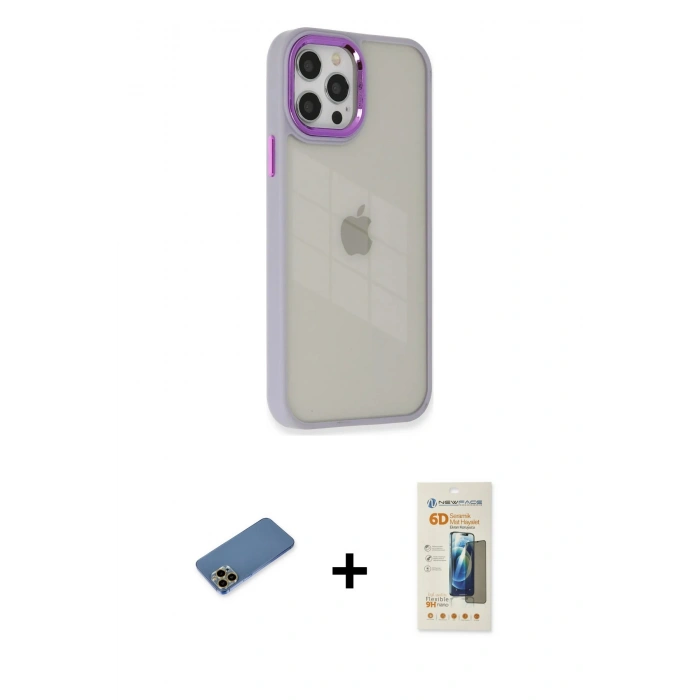 MARSİLYAN™- iPhone 12 Pro Max Kılıf Eksen Doku Prime - Siyah 6D Mat Seramik Hayalet Nano Ekran Koruyucu + Shine Kamera Lens Koruma Cam - GD