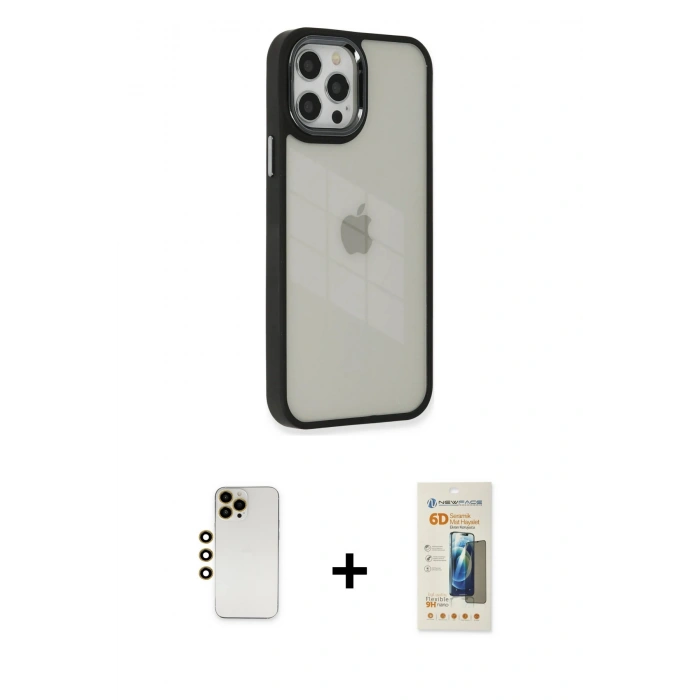 MARSİLYAN™- iPhone 12 Pro Max Kılıf Eksen Doku Prime - Siyah 6D Mat Seramik Hayalet Nano Ekran Koruyucu + Gold Shine Kamera Lens