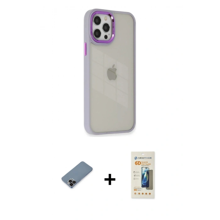 MARSİLYAN™- iPhone 12 Pro Max Kılıf Eksen Doku Prime - Siyah 6D Mat Seramik Hayalet Nano Ekran Koruyucu + Siyah Metal Kamera Lens Koruma Cam