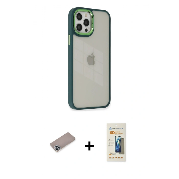 MARSİLYAN™- iPhone 12 Pro Max Kılıf Eksen Doku Prime - Siyah 6D Mat Seramik Hayalet Nano Ekran Koruyucu + Shine Kamera Lens Koruma Cam - SABE
