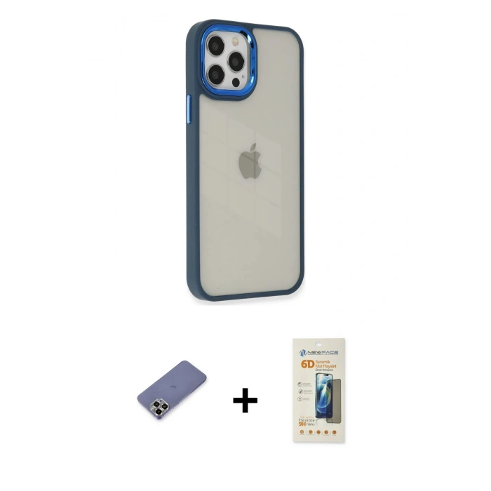 MARSİLYAN™- iPhone 12 Pro Max Kılıf Eksen Doku Prime - Siyah 6D Mat Seramik Hayalet Nano Ekran Koruyucu + Gold Metal Kamera Lens Koruma Cam