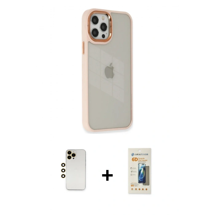 MARSİLYAN™- iPhone 12 Pro Max Kılıf Eksen Doku Prime - Siyah 6D Mat Seramik Hayalet Nano Ekran Koruyucu + Gold Shine Kamera Lens