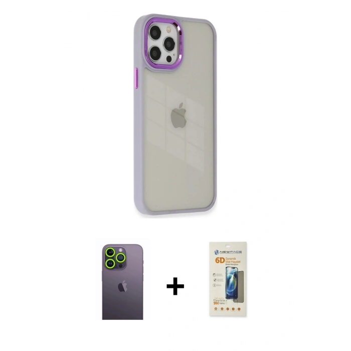 MARSİLYAN™- iPhone 12 Pro Max Kılıf Eksen Doku Prime - Siyah 6D Mat Seramik Hayalet Nano Ekran Koruyucu + Neon Fosforlu Kamera Lens - YL