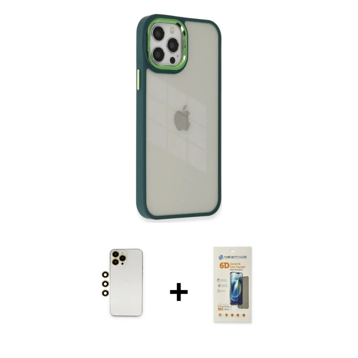 MARSİLYAN™- iPhone 12 Pro Max Kılıf Eksen Doku Prime - Siyah 6D Mat Seramik Hayalet Nano Ekran Koruyucu + Gold Shine Kamera Lens