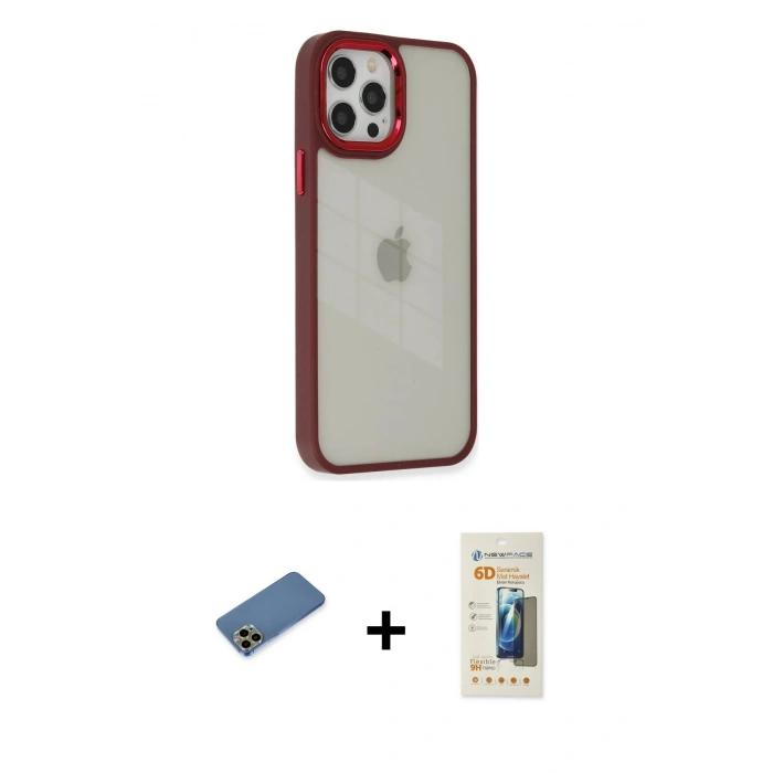 MARSİLYAN™- iPhone 12 Pro Max Kılıf Eksen Doku Prime - Siyah 6D Mat Seramik Hayalet Nano Ekran Koruyucu + Shine Kamera Lens Koruma Cam - GD