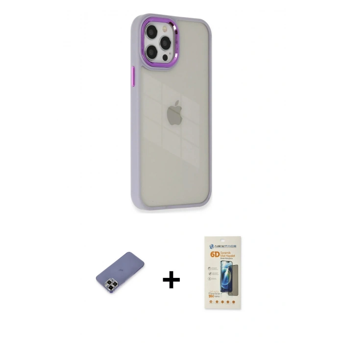 MARSİLYAN™- iPhone 12 Pro Max Kılıf Eksen Doku Prime - Siyah 6D Mat Seramik Hayalet Nano Ekran Koruyucu + Gold Metal Kamera Lens Koruma Cam