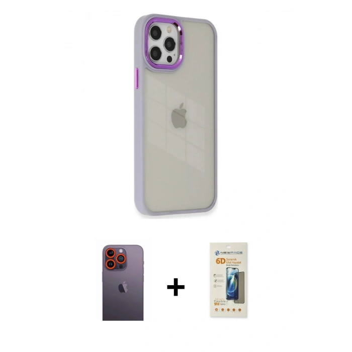 MARSİLYAN™- iPhone 12 Pro Max Kılıf Eksen Doku Prime - Siyah 6D Mat Seramik Hayalet Nano Ekran Koruyucu + Neon Fosforlu Kamera Lens - TU