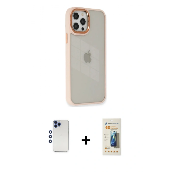 MARSİLYAN™- iPhone 12 Pro Max Kılıf Eksen Doku Prime - Siyah 6D Mat Seramik Hayalet Nano Ekran Koruyucu + Shine Kamera Lens - LT