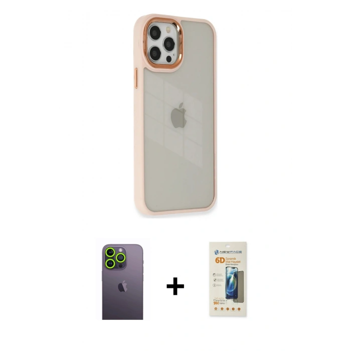 MARSİLYAN™- iPhone 12 Pro Max Kılıf Eksen Doku Prime - Siyah 6D Mat Seramik Hayalet Nano Ekran Koruyucu + Neon Fosforlu Kamera Lens - YL
