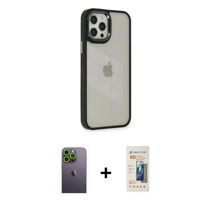 MARSİLYAN™- iPhone 12 Pro Max Kılıf Eksen Doku Prime - Siyah 6D Mat Seramik Hayalet Nano Ekran Koruyucu + Neon Fosforlu Kamera Lens - YL