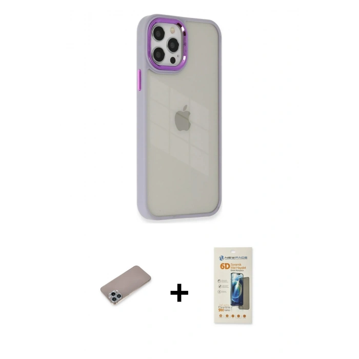 MARSİLYAN™- iPhone 12 Pro Max Kılıf Eksen Doku Prime - Siyah 6D Mat Seramik Hayalet Nano Ekran Koruyucu + Shine Kamera Lens Koruma Cam - SABE