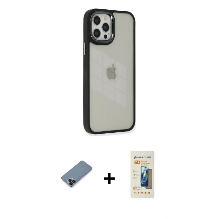 MARSİLYAN™- iPhone 12 Pro Max Kılıf Eksen Doku Prime - Siyah 6D Mat Seramik Hayalet Nano Ekran Koruyucu + Siyah Metal Kamera Lens Koruma Cam