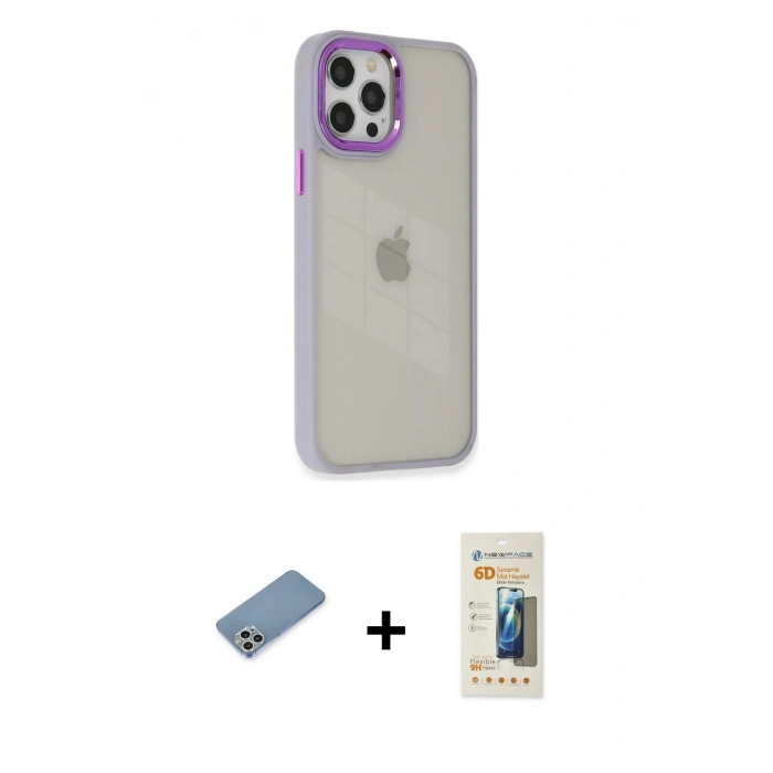 MARSİLYAN™- iPhone 12 Pro Max Kılıf Eksen Doku Prime - Siyah 6D Mat Seramik Hayalet Nano Ekran Koruyucu + Shine Kamera Lens Koruma Cam - GS