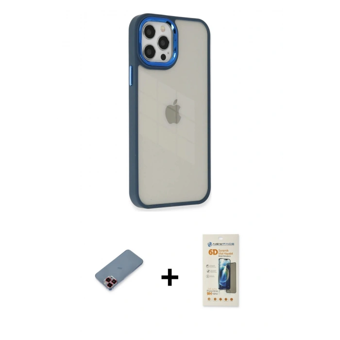 MARSİLYAN™- iPhone 12 Pro Max Kılıf Eksen Doku Prime - Siyah 6D Mat Seramik Hayalet Nano Ekran Koruyucu + Kırmızı Metal Kamera Lens Koruma Cam