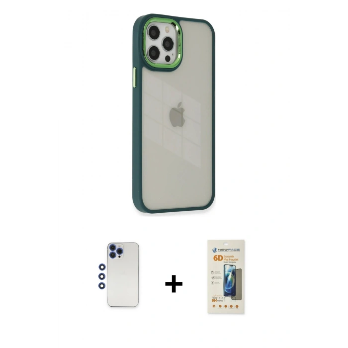 MARSİLYAN™- iPhone 12 Pro Max Kılıf Eksen Doku Prime - Siyah 6D Mat Seramik Hayalet Nano Ekran Koruyucu + Shine Kamera Lens - LT