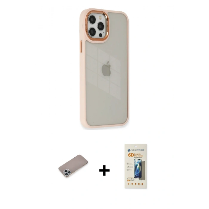 MARSİLYAN™- iPhone 12 Pro Max Kılıf Eksen Doku Prime - Siyah 6D Mat Seramik Hayalet Nano Ekran Koruyucu + Shine Kamera Lens Koruma Cam - SABE