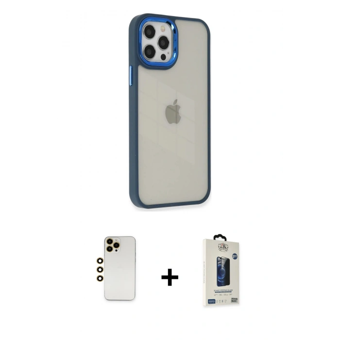 MARSİLYAN™- iPhone 12 Pro Max Kılıf Eksen Doku Prime - Siyah Bilvis Hayalet Cam Ekran Koruyucu + Shine Kamera Lens - GD