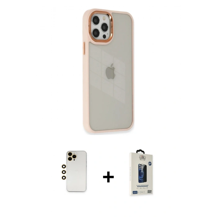 MARSİLYAN™- iPhone 12 Pro Max Kılıf Eksen Doku Prime - Siyah Bilvis Hayalet Cam Ekran Koruyucu + Shine Kamera Lens - GD