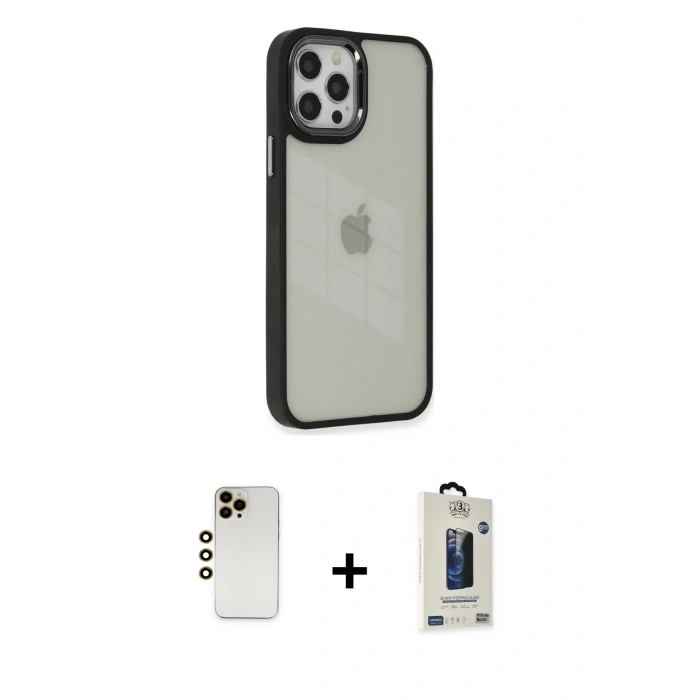 MARSİLYAN™- iPhone 12 Pro Max Kılıf Eksen Doku Prime - Siyah Bilvis Hayalet Cam Ekran Koruyucu + Shine Kamera Lens - GD