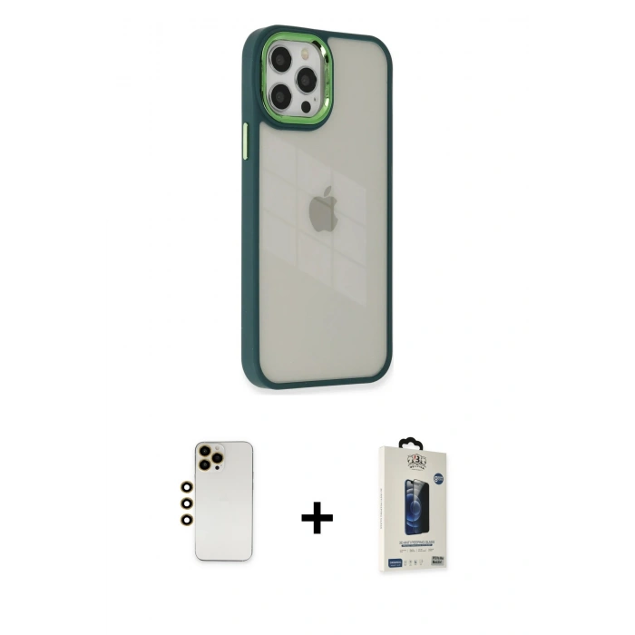 MARSİLYAN™- iPhone 12 Pro Max Kılıf Eksen Doku Prime - Siyah Bilvis Hayalet Cam Ekran Koruyucu + Shine Kamera Lens - GD