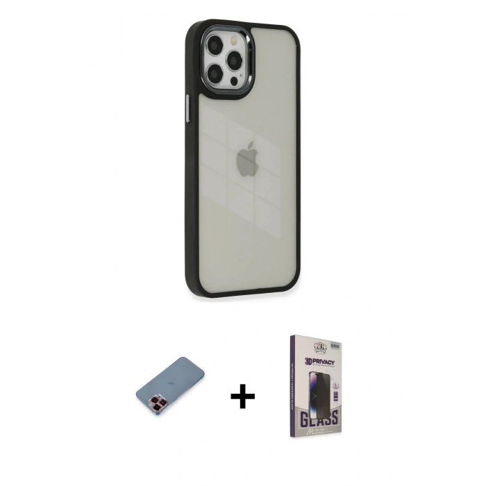 MARSİLYAN™- iPhone 12 Pro Max Kılıf Eksen Doku Prime - Siyah Bilvis Hayalet Cam Ekran Koruyucu + Metal Kamera Lens Koruma Cam - KI