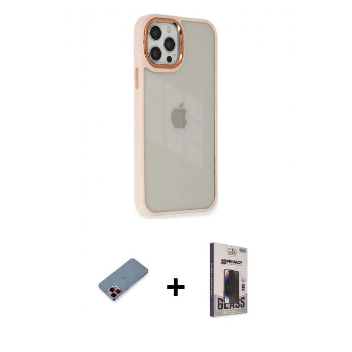 MARSİLYAN™- iPhone 12 Pro Max Kılıf Eksen Doku Prime - Siyah Bilvis Hayalet Cam Ekran Koruyucu + Metal Kamera Lens Koruma Cam - KI