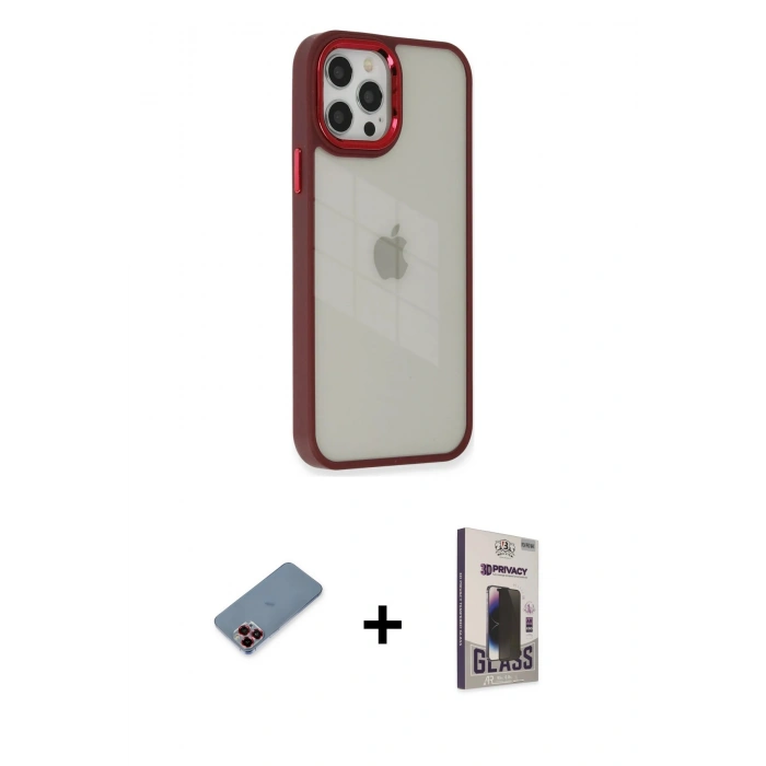 MARSİLYAN™- iPhone 12 Pro Max Kılıf Eksen Doku Prime - Siyah Bilvis Hayalet Cam Ekran Koruyucu + Metal Kamera Lens Koruma Cam - KI