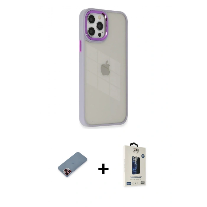 MARSİLYAN™- iPhone 12 Pro Max Kılıf Eksen Doku Prime - Siyah Bilvis Hayalet Cam Ekran Koruyucu + Metal Kamera Lens Koruma Cam - KI
