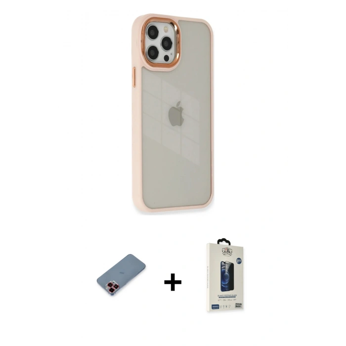 MARSİLYAN™- iPhone 12 Pro Max Kılıf Eksen Doku Prime - Siyah Bilvis Hayalet Cam Ekran Koruyucu + Metal Kamera Lens Koruma Cam - KI