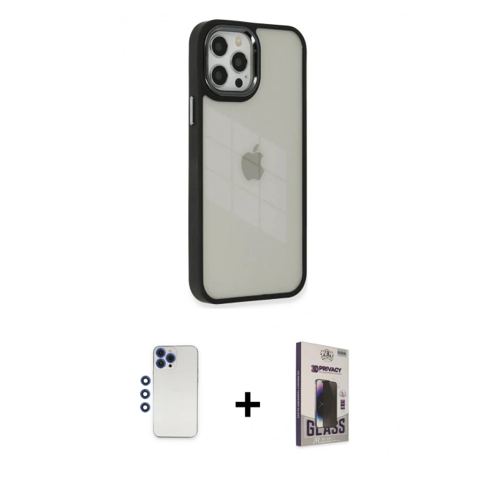 MARSİLYAN™- iPhone 12 Pro Max Kılıf Eksen Doku Prime - Siyah Bilvis Hayalet Cam Ekran Koruyucu + Shine Kamera Lens - LT