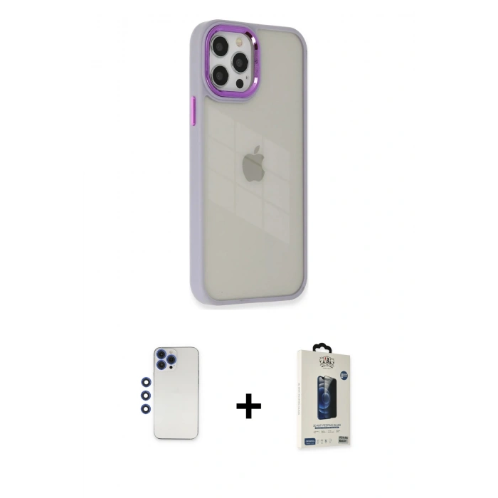 MARSİLYAN™- iPhone 12 Pro Max Kılıf Eksen Doku Prime - Siyah Bilvis Hayalet Cam Ekran Koruyucu + Shine Kamera Lens - LT