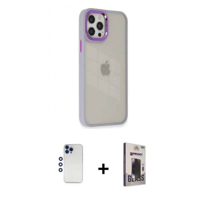 MARSİLYAN™- iPhone 12 Pro Max Kılıf Eksen Doku Prime - Siyah Bilvis Hayalet Cam Ekran Koruyucu + Shine Kamera Lens - LT