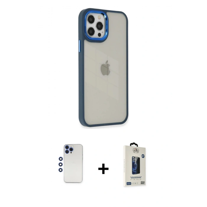 MARSİLYAN™- iPhone 12 Pro Max Kılıf Eksen Doku Prime - Siyah Bilvis Hayalet Cam Ekran Koruyucu + Shine Kamera Lens - LT