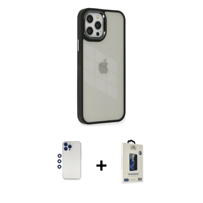 MARSİLYAN™- iPhone 12 Pro Max Kılıf Eksen Doku Prime - Siyah Bilvis Hayalet Cam Ekran Koruyucu + Shine Kamera Lens - LT
