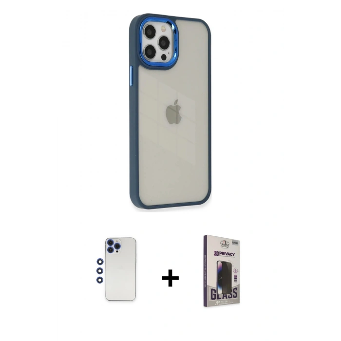 MARSİLYAN™- iPhone 12 Pro Max Kılıf Eksen Doku Prime - Siyah Bilvis Hayalet Cam Ekran Koruyucu + Shine Kamera Lens - LT