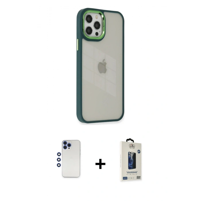 MARSİLYAN™- iPhone 12 Pro Max Kılıf Eksen Doku Prime - Siyah Bilvis Hayalet Cam Ekran Koruyucu + Shine Kamera Lens - LT