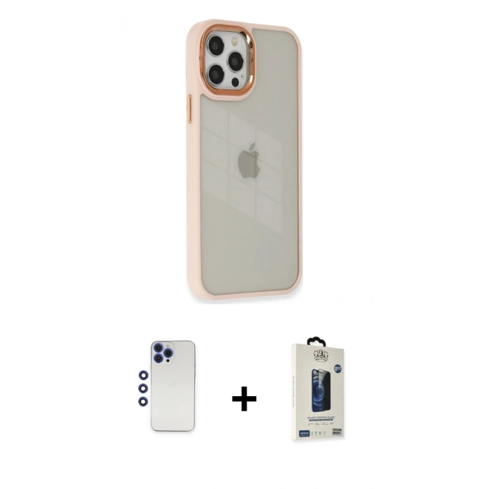 MARSİLYAN™- iPhone 12 Pro Max Kılıf Eksen Doku Prime - Siyah Bilvis Hayalet Cam Ekran Koruyucu + Shine Kamera Lens - LT