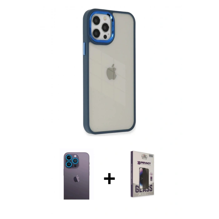 MARSİLYAN™- iPhone 12 Pro Max Kılıf Eksen Doku Prime - Siyah Bilvis Hayalet Cam Ekran Koruyucu + Neon Fosforlu Kamera Lens - MI