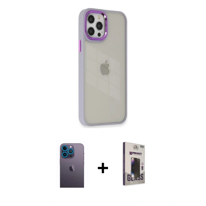 MARSİLYAN™- iPhone 12 Pro Max Kılıf Eksen Doku Prime - Siyah Bilvis Hayalet Cam Ekran Koruyucu + Neon Fosforlu Kamera Lens - MI
