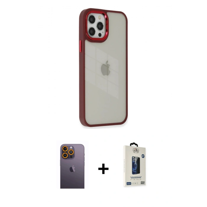 MARSİLYAN™- iPhone 12 Pro Max Kılıf Eksen Doku Prime - Siyah Bilvis Hayalet Cam Ekran Koruyucu + Neon Fosforlu Kamera Lens - SI