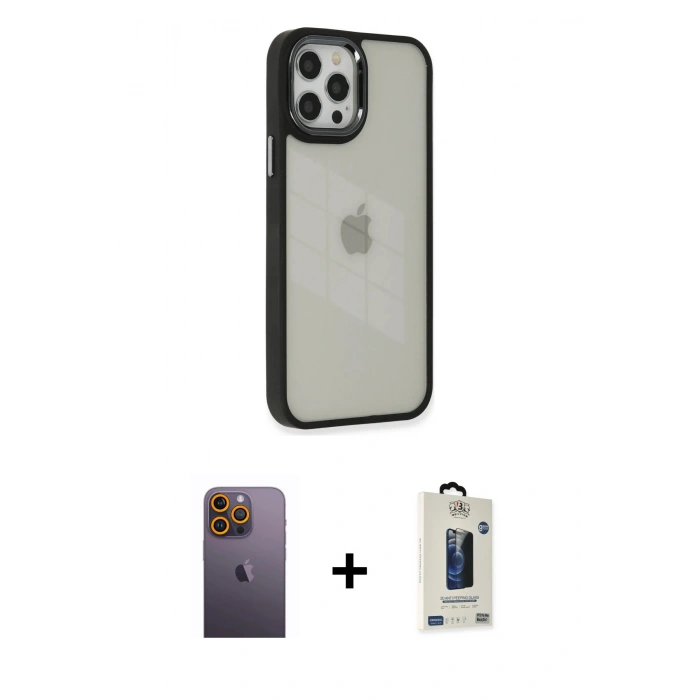 MARSİLYAN™- iPhone 12 Pro Max Kılıf Eksen Doku Prime - Siyah Bilvis Hayalet Cam Ekran Koruyucu + Neon Fosforlu Kamera Lens - SI