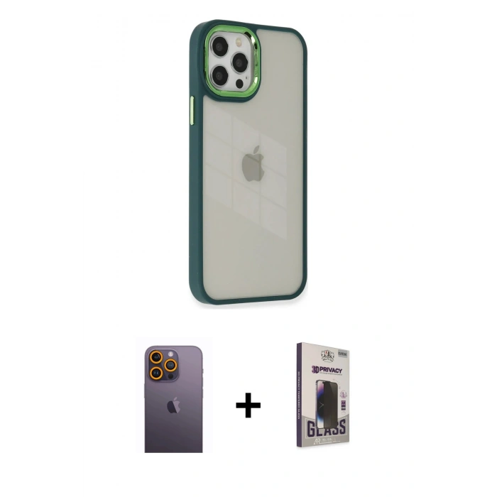 MARSİLYAN™- iPhone 12 Pro Max Kılıf Eksen Doku Prime - Siyah Bilvis Hayalet Cam Ekran Koruyucu + Neon Fosforlu Kamera Lens - SI