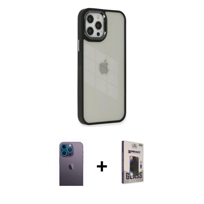 MARSİLYAN™- iPhone 12 Pro Max Kılıf Eksen Doku Prime - Siyah Bilvis Hayalet Cam Ekran Koruyucu + Neon Fosforlu Kamera Lens - MI