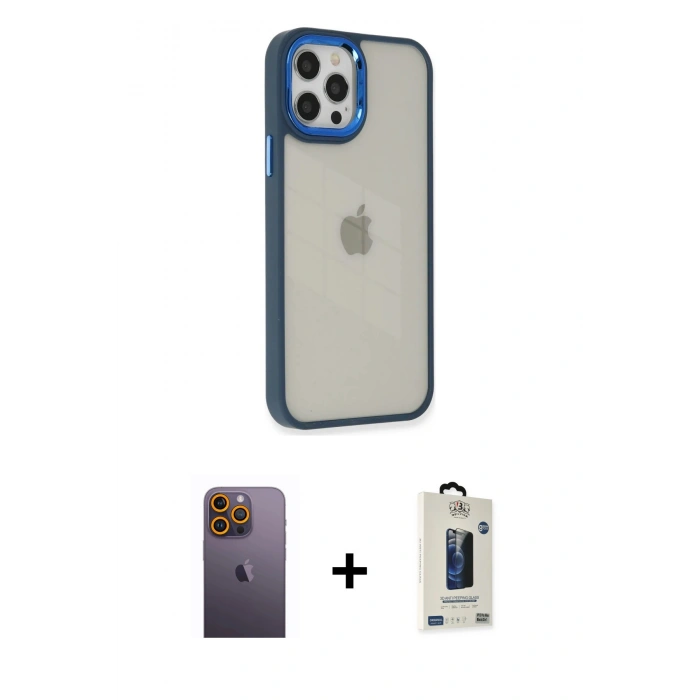 MARSİLYAN™- iPhone 12 Pro Max Kılıf Eksen Doku Prime - Siyah Bilvis Hayalet Cam Ekran Koruyucu + Neon Fosforlu Kamera Lens - SI