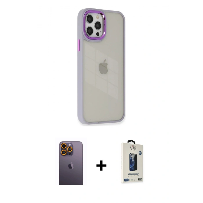 MARSİLYAN™- iPhone 12 Pro Max Kılıf Eksen Doku Prime - Siyah Bilvis Hayalet Cam Ekran Koruyucu + Neon Fosforlu Kamera Lens - SI