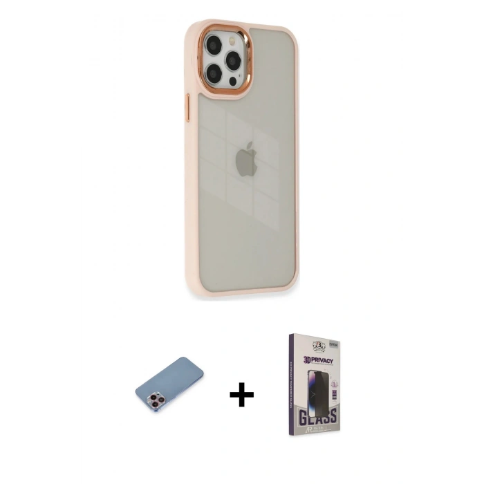 MARSİLYAN™- iPhone 12 Pro Max Kılıf Eksen Doku Prime - Siyah Bilvis Hayalet Cam Ekran Koruyucu + Shine Kamera Lens Koruma Cam - PE