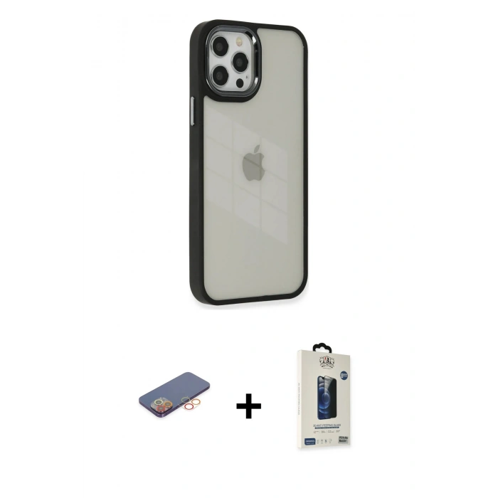 MARSİLYAN™- iPhone 12 Pro Max Kılıf Eksen Doku Prime - Siyah Bilvis Hayalet Cam Ekran Koruyucu + Renkli Kamera Lens Koruma Cam - TU