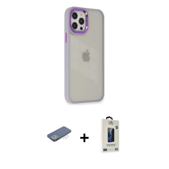 MARSİLYAN™- iPhone 12 Pro Max Kılıf Eksen Doku Prime - Siyah Bilvis Hayalet Cam Ekran Koruyucu + Renkli Kamera Lens Koruma Cam - YL