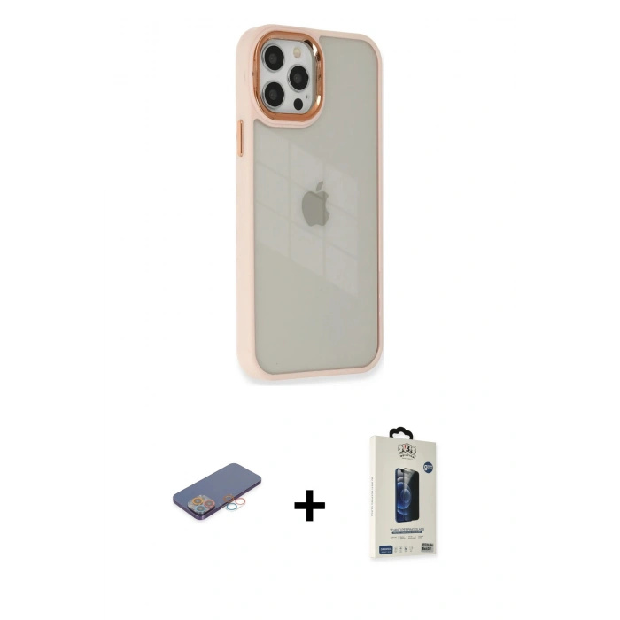 MARSİLYAN™- iPhone 12 Pro Max Kılıf Eksen Doku Prime - Siyah Bilvis Hayalet Cam Ekran Koruyucu + Renkli Kamera Lens Koruma Cam - PE